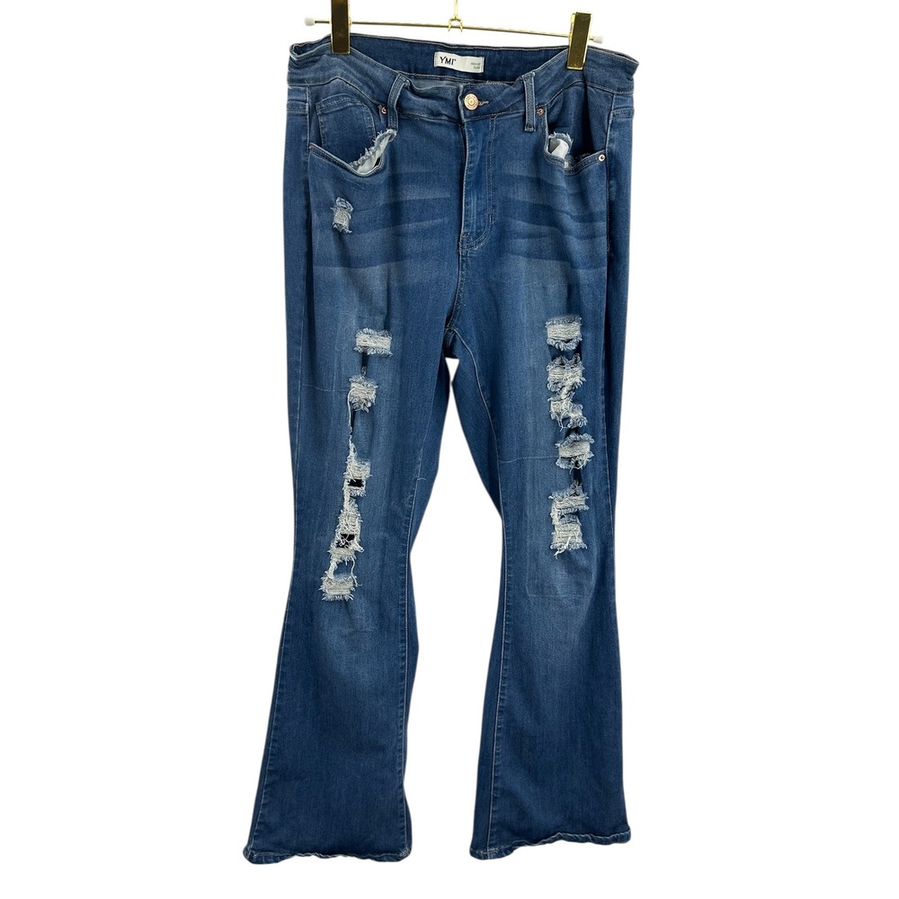 YMI Jeans Womens Size 18 High-Rise Flare Distressed‎ Ripped Denim Blue